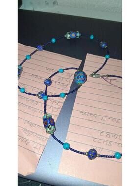 Blue Guilloche Enamel Bead and Blue Cloisoone Barrel necklace